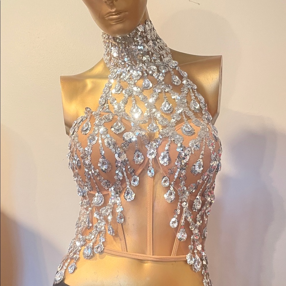 Embellished Crystal Halter Bodysuit - Silver Crystal Accents